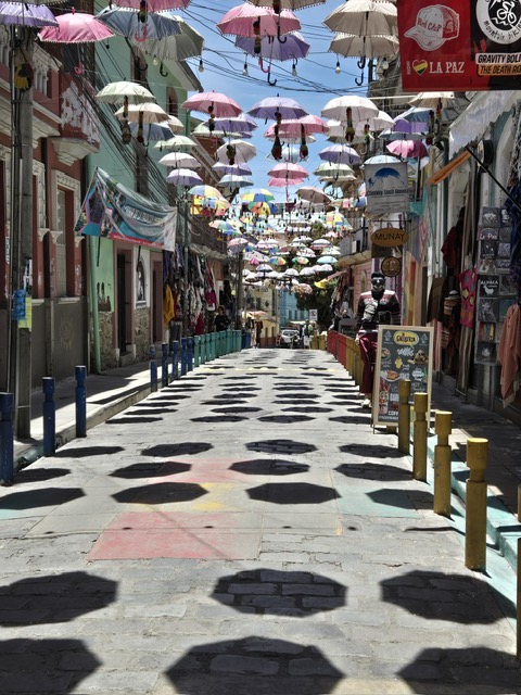 Colorful umbrella-covered street in La Paz Centro Historico