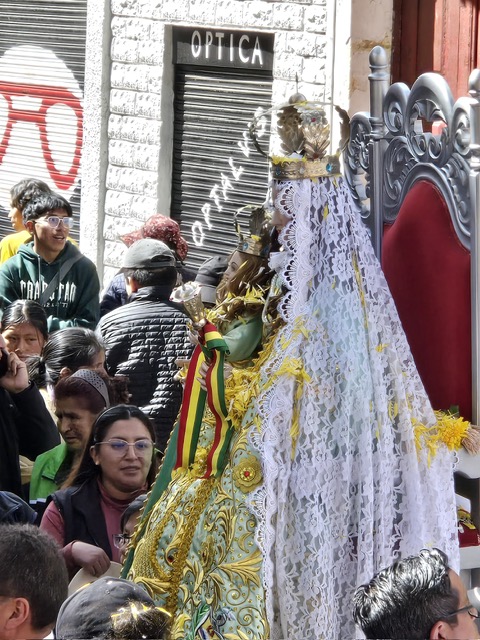 Ornate Virgin Mary statue carried through La Paz streets during procession