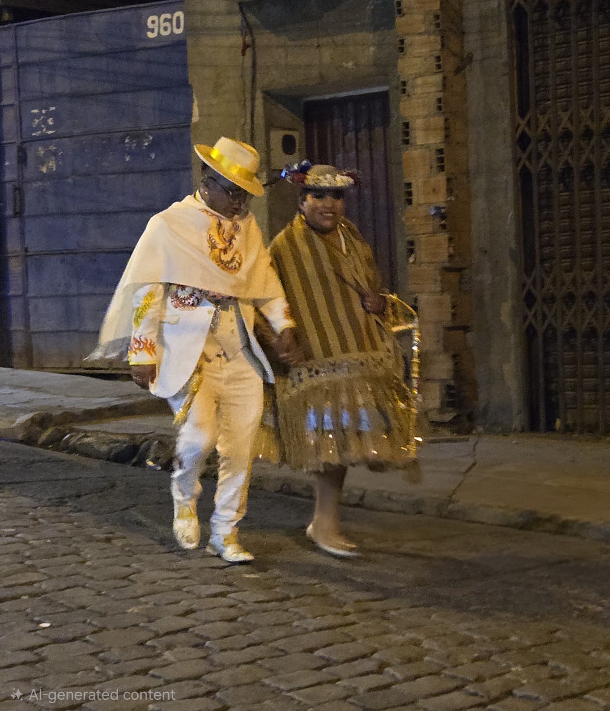 Two locals in traditional festive clothing walking the cobblestone streets of La Paz at night
