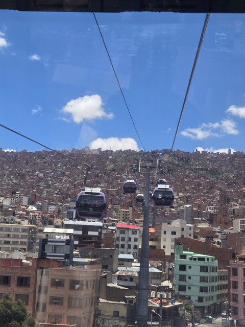 Teleferico gondola cars above La Paz cityscape