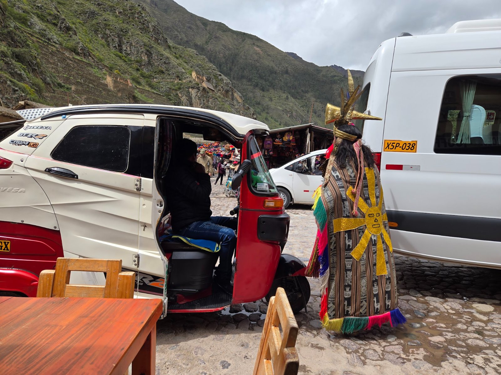 A series of images showing the vast Inca ruins and terraces at Pisaq, with the author present
