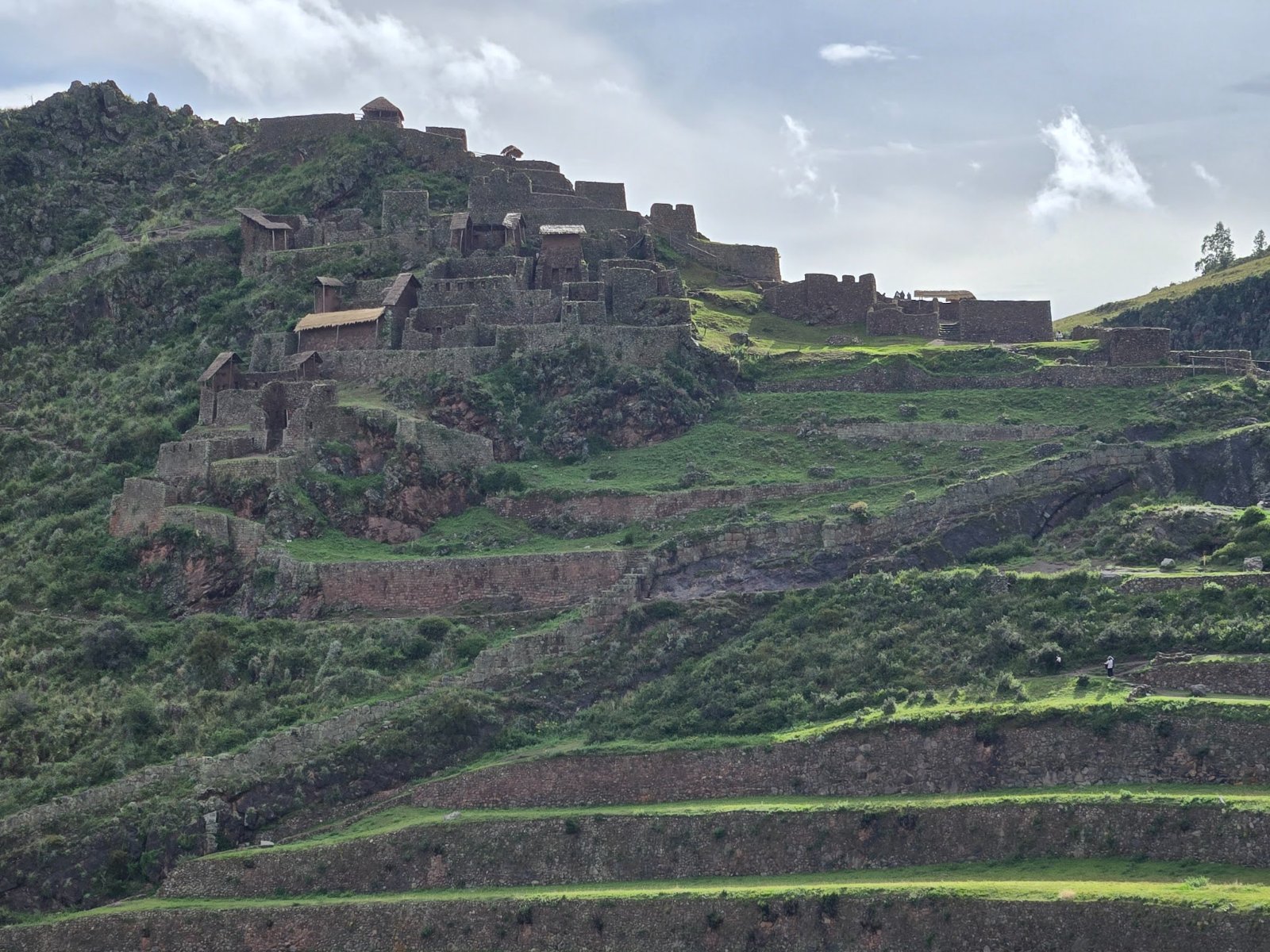 Tourists interacting with a local woman and an alpaca in Pisaq